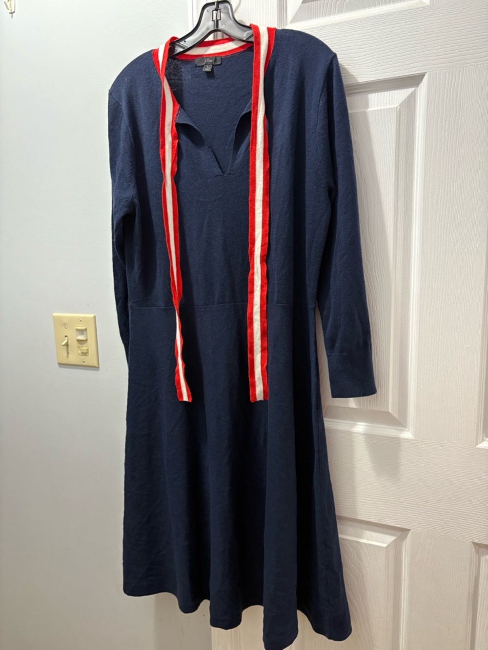 J. Crew Cotton/ Merino Wool Navy Sweater Dress Red and White Stripe Trim